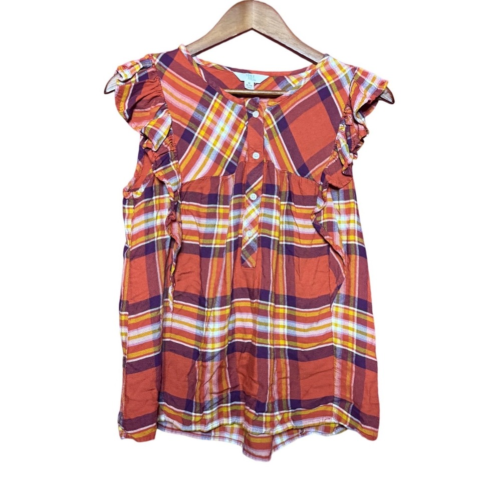 Time and Tru Women Medium Plaid Flutter Sleeve Henley Top Spiced Cider Orange